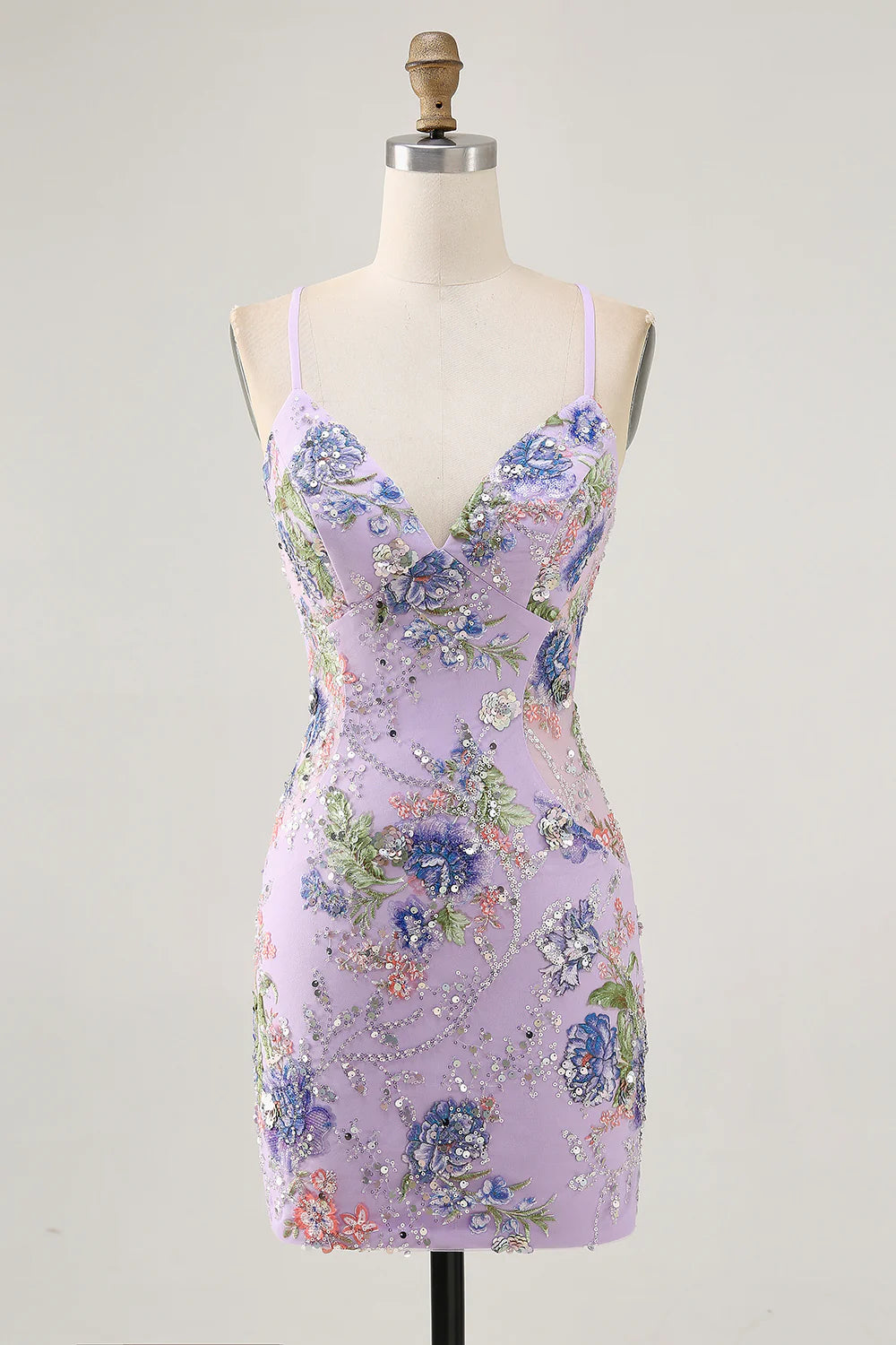 Sparkly Sequins Floral Bodycon V Neck Spaghetti Straps Short Homecoming Dress With Lace Up Back