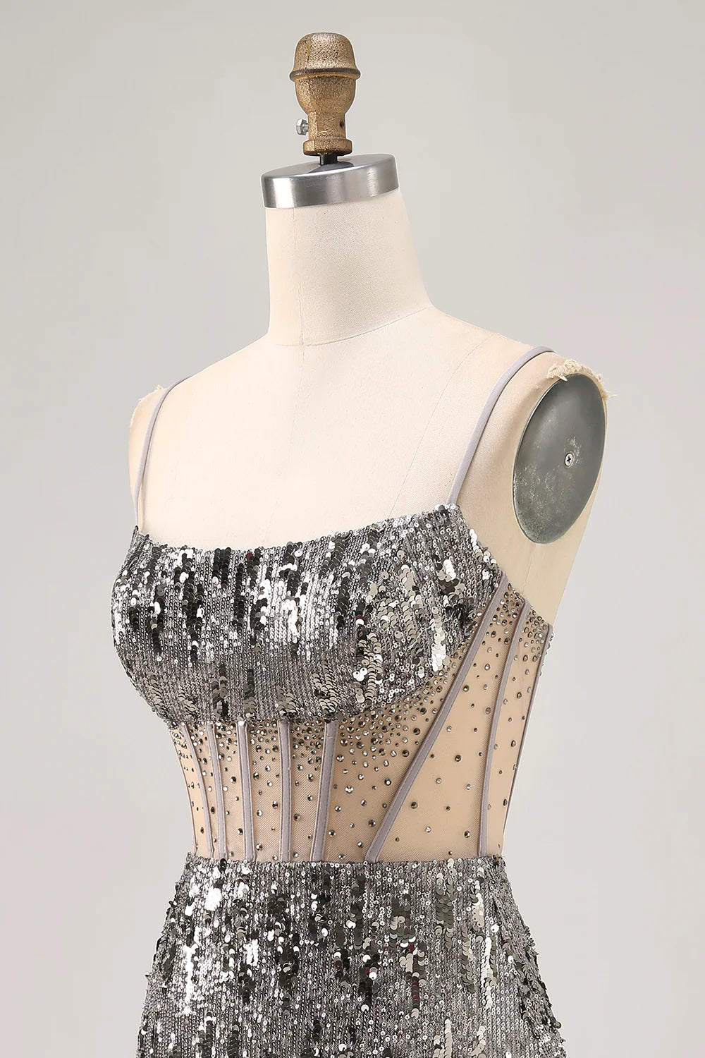 Sparkly Steel Grey Beaded Sequins With Beaded Spaghetti Straps Bodycon Homecoming Dress