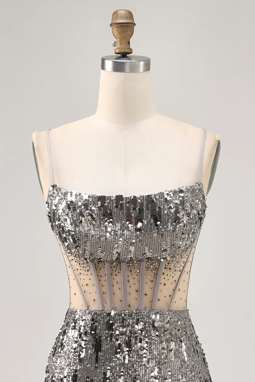 Sparkly Steel Grey Beaded Sequins With Beaded Spaghetti Straps Bodycon Homecoming Dress