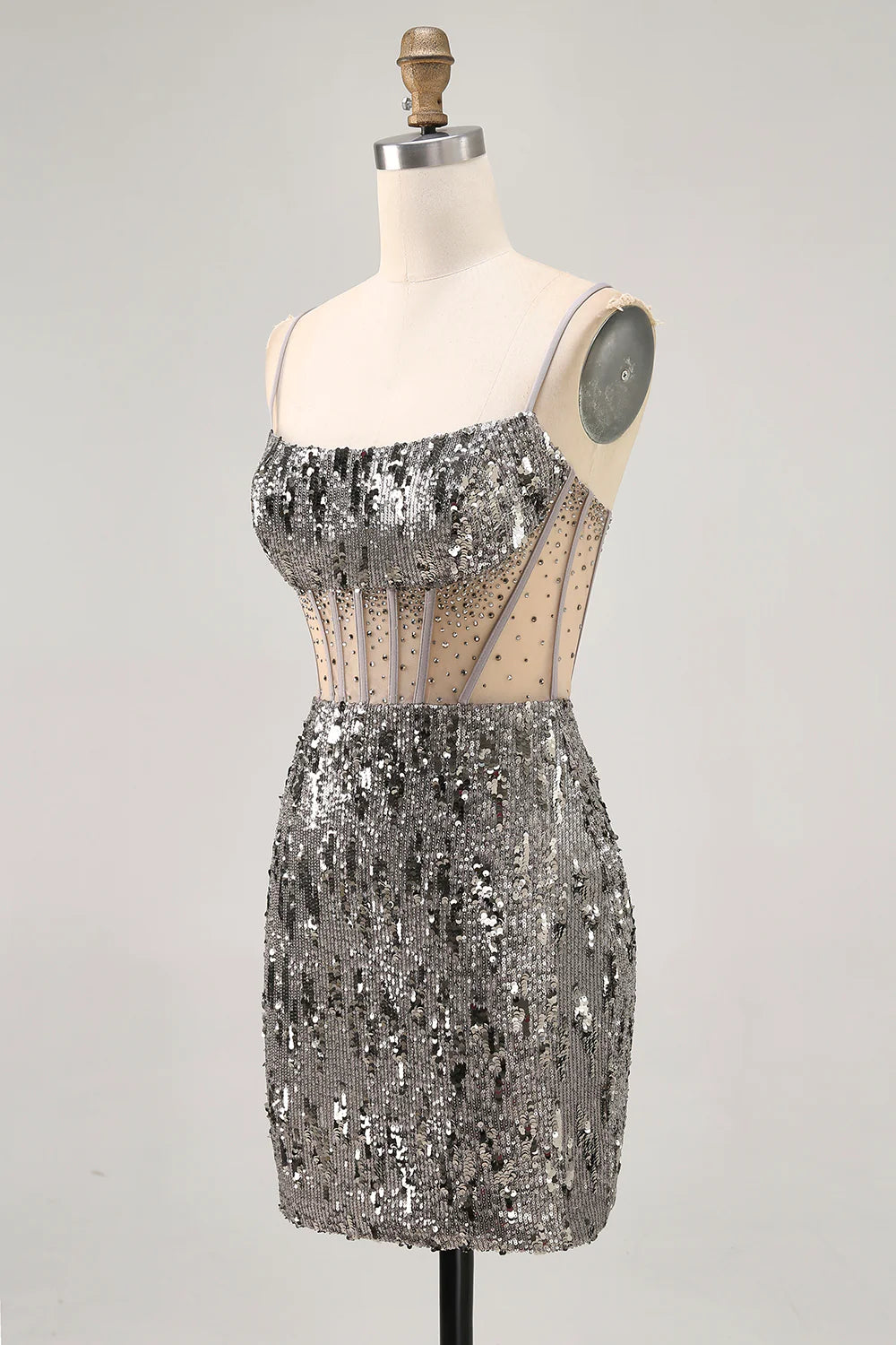 Sparkly Steel Grey Beaded Sequins With Beaded Spaghetti Straps Bodycon Homecoming Dress