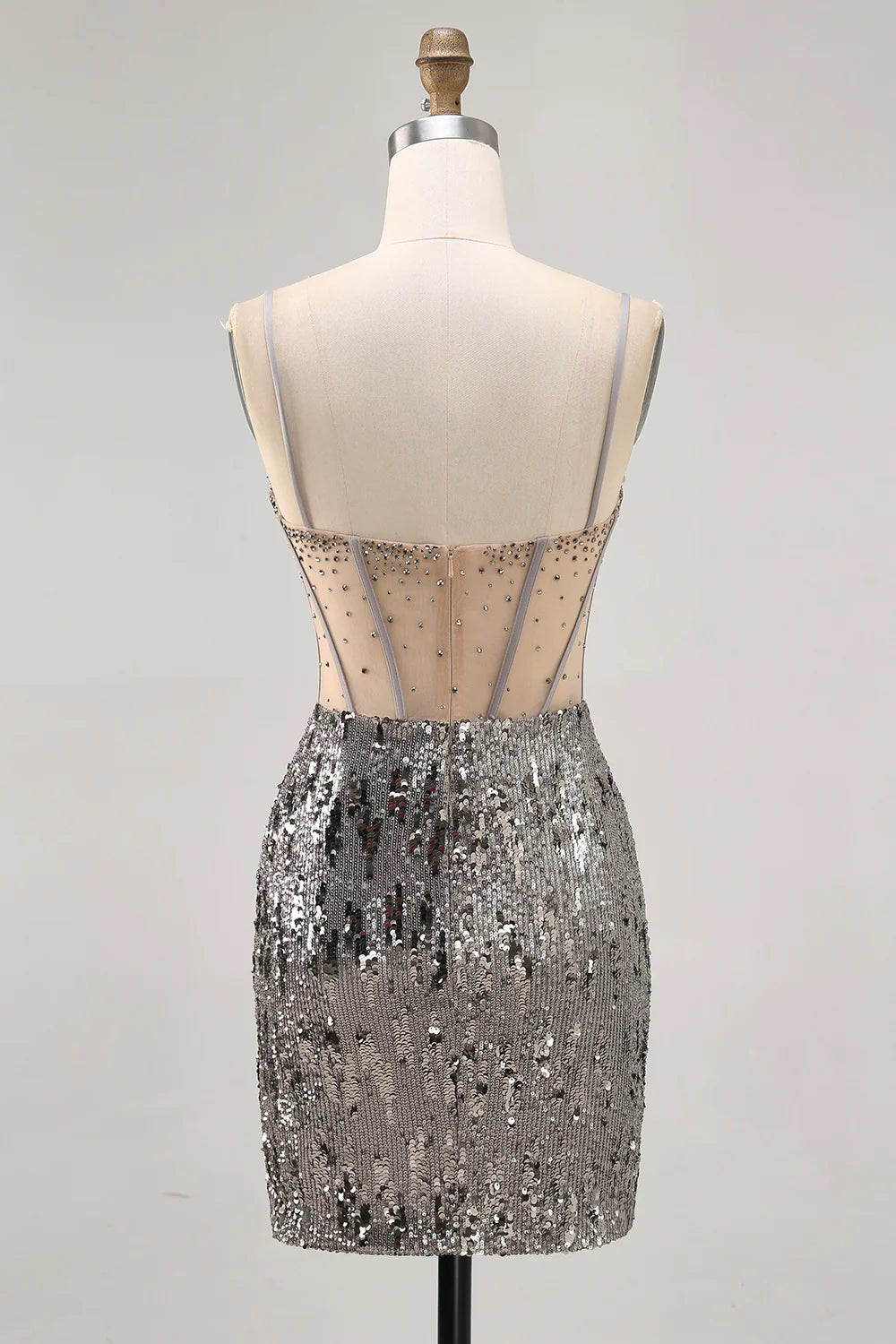 Sparkly Steel Grey Beaded Sequins With Beaded Spaghetti Straps Bodycon Homecoming Dress