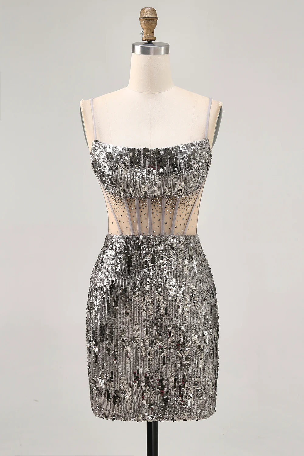 Sparkly Steel Grey Beaded Sequins With Beaded Spaghetti Straps Bodycon Homecoming Dress