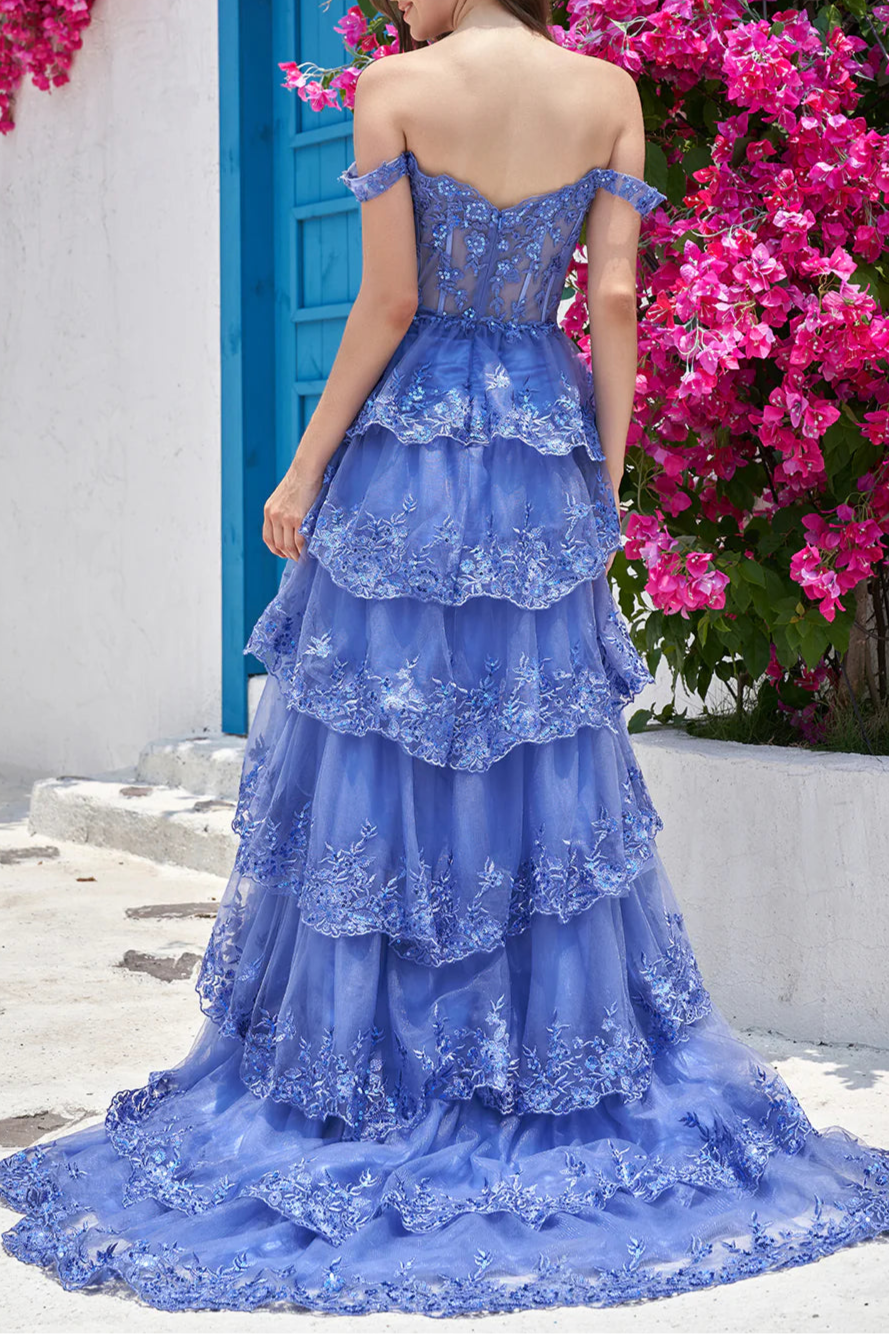 Sparkly Tulle Floral Printing Sweetheart Neck Off the Shoulder Corset Wedding Dress with Slit