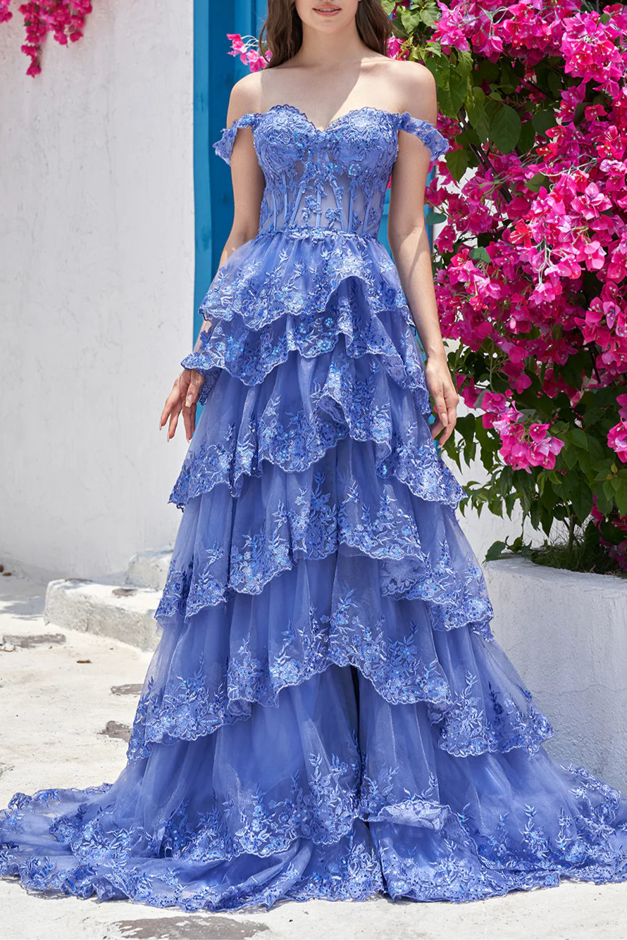 Sparkly Tulle Floral Printing Sweetheart Neck Off the Shoulder Corset Wedding Dress with Slit