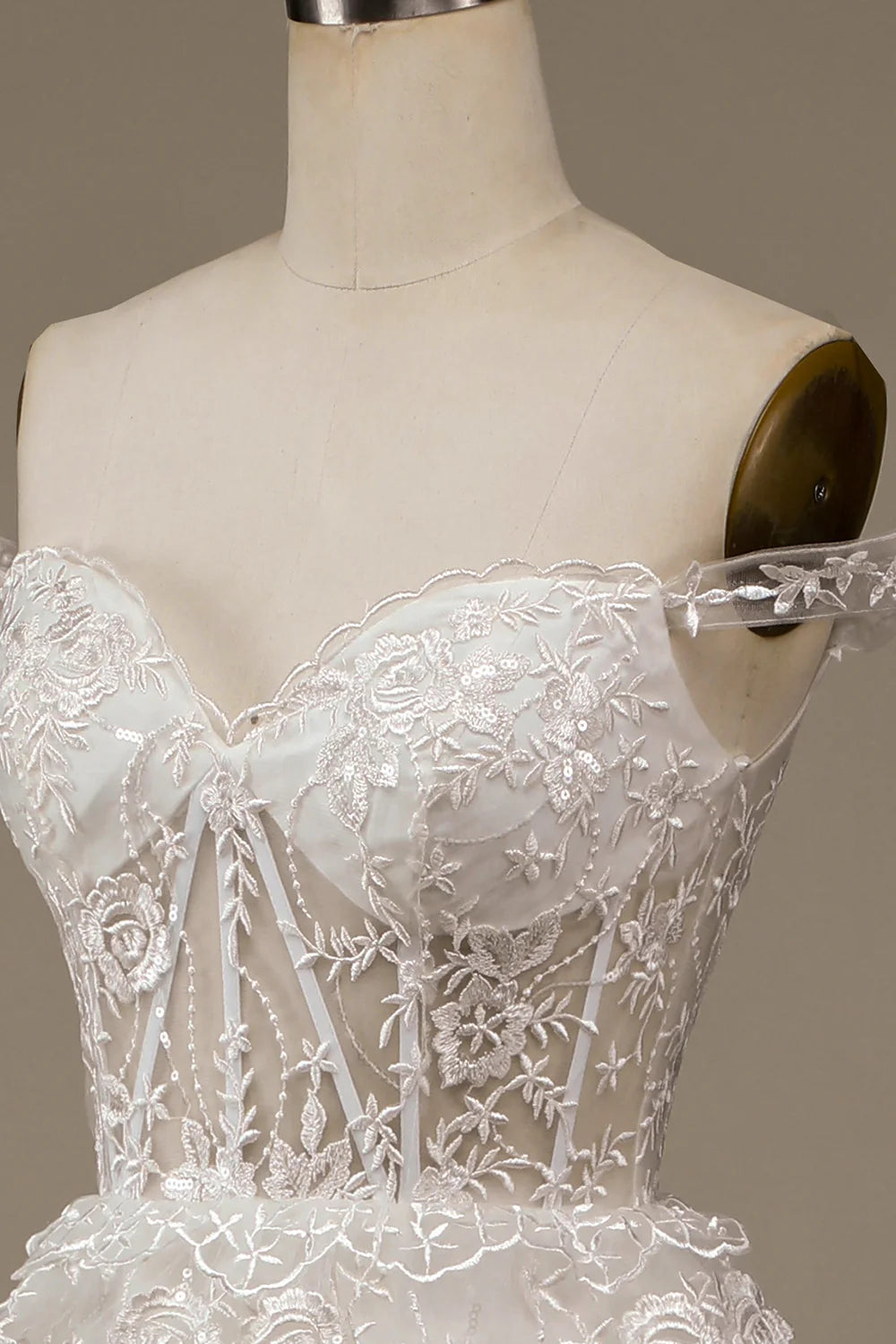 Sparkly Tulle Floral Printing Sweetheart Neck Off the Shoulder Corset Wedding Dress with Slit