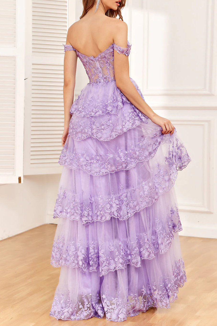 Sparkly Tulle Floral Printing Sweetheart Neck Off the Shoulder Corset Wedding Dress with Slit