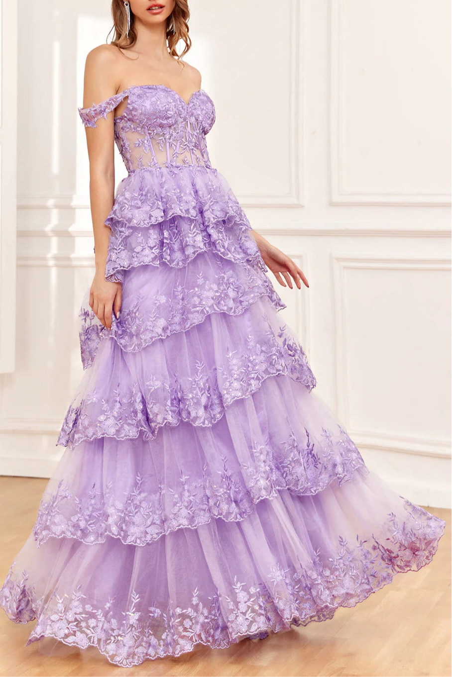 Sparkly Tulle Floral Printing Sweetheart Neck Off the Shoulder Corset Wedding Dress with Slit