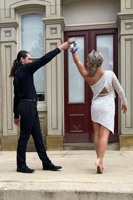 Sparkly White One Shoulder Long Sleeves Cut Out Tight Short Homecoming Dress With Fringes