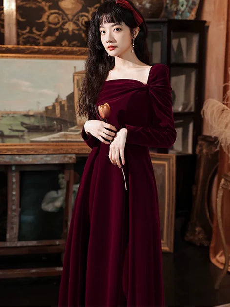 Square Neck A-line Wine Red Long Sleeves Velvet Wedding Party Dress Prom Dress Evening Dress