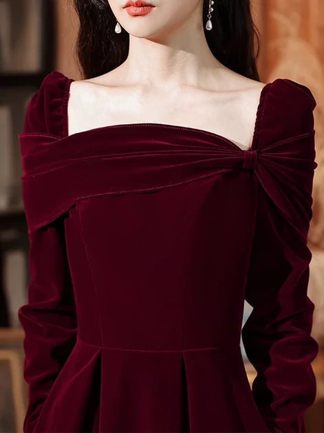 Square Neck A-line Wine Red Long Sleeves Velvet Wedding Party Dress Prom Dress Evening Dress