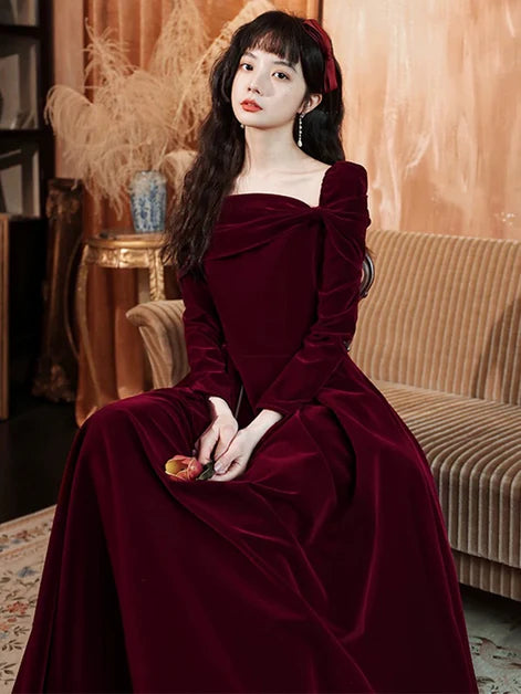 Square Neck A-line Wine Red Long Sleeves Velvet Wedding Party Dress Prom Dress Evening Dress