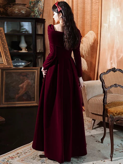 Square Neck A-line Wine Red Long Sleeves Velvet Wedding Party Dress Prom Dress Evening Dress