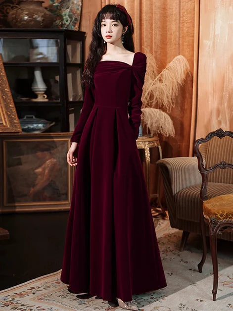 Square Neck A-line Wine Red Long Sleeves Velvet Wedding Party Dress Prom Dress Evening Dress