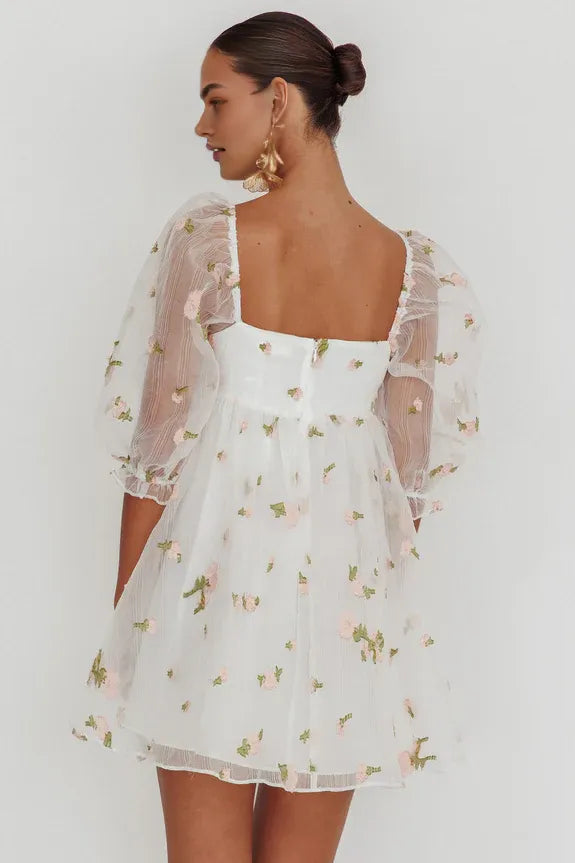 Square Neck 1/2 Sleeve Floral Organza White And Pink Mini Homecoming Dress