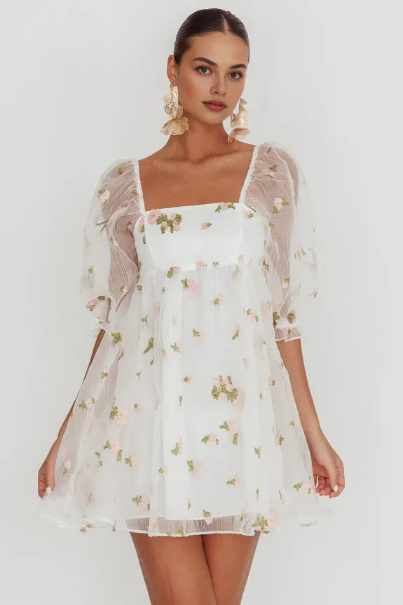 Square Neck 1/2 Sleeve Floral Organza White And Pink Mini Homecoming Dress