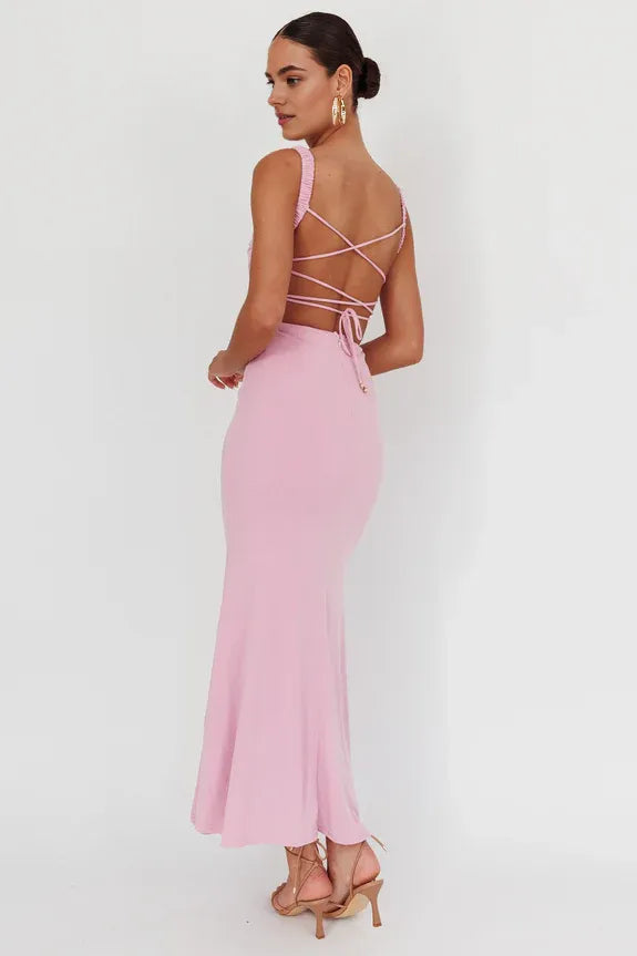Square Neck Lace-Up Back Ruched Lilac Maxi Homecoming Dress Prom Dress