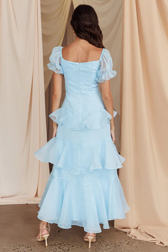 Square Neck Puff Sleeve Ruffle Layered Blue Midi Evening Dress Prom Dress