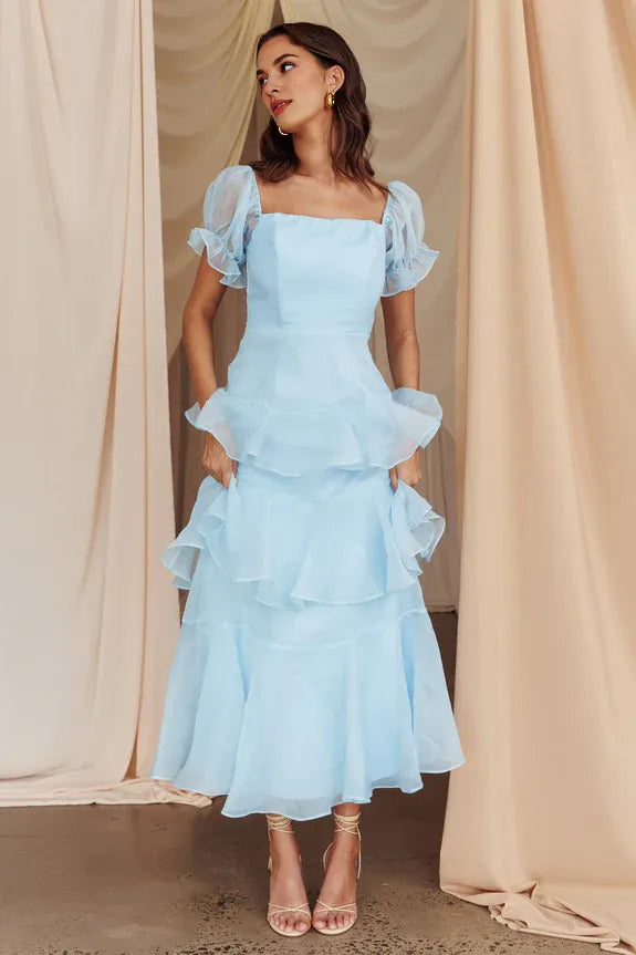 Square Neck Puff Sleeve Ruffle Layered Blue Midi Evening Dress Prom Dress