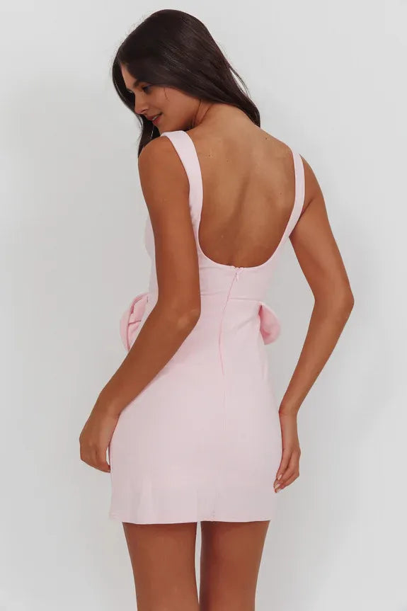 Square Neck Sleeveless 3D Flowers Waist Decoration Pink Mini Homecoming Dress