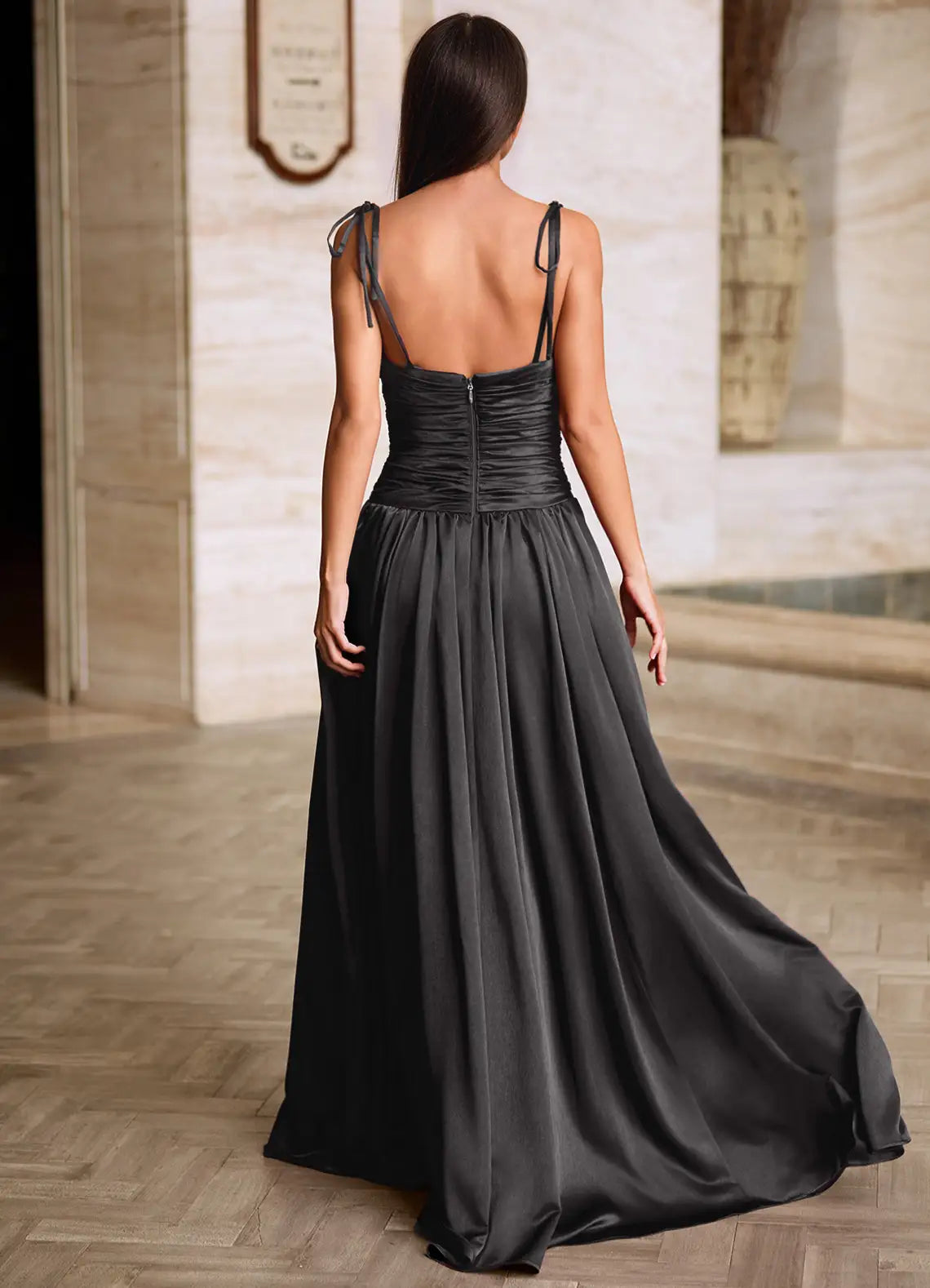 Square Neck Spaghetti Straps Pleated Satin Black Full Length Prom Dress