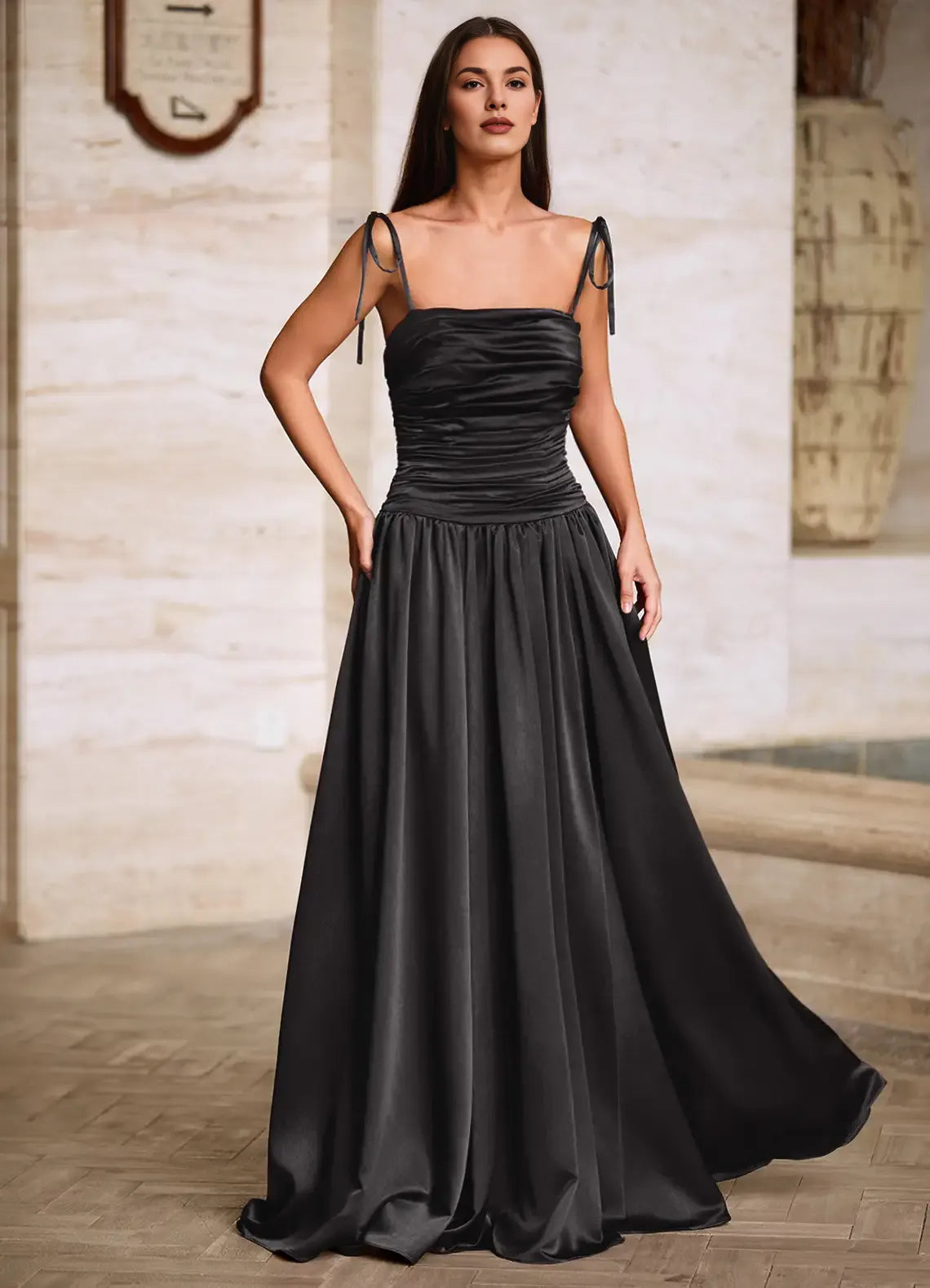 Square Neck Spaghetti Straps Pleated Satin Black Full Length Prom Dress