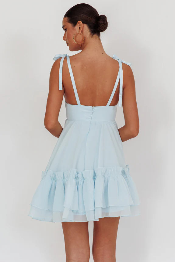 Square Neck Tie Shoulders Frill Hem Babydoll Blue Babydoll Homecoming Dress