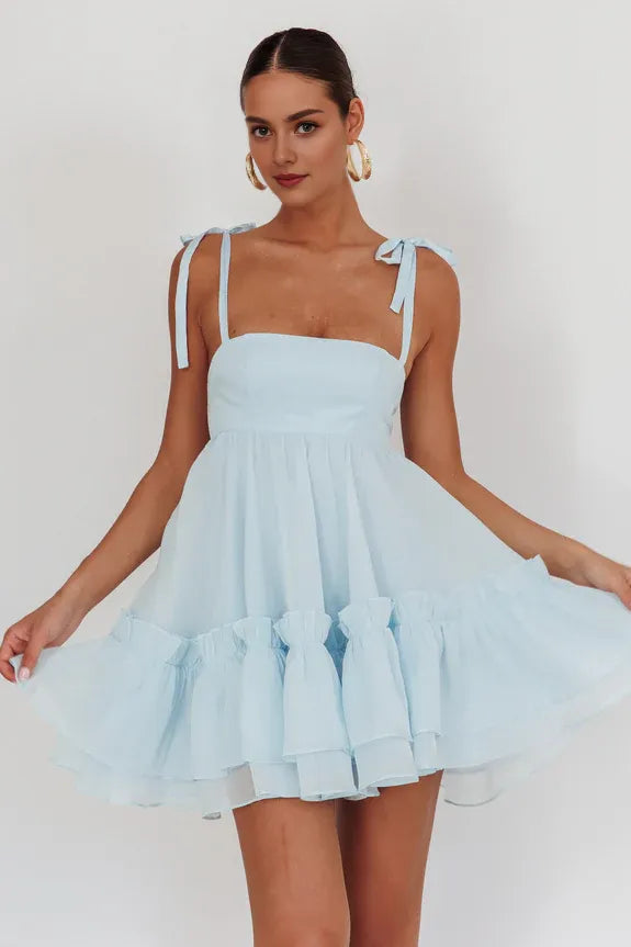 Square Neck Tie Shoulders Frill Hem Babydoll Blue Babydoll Homecoming Dress