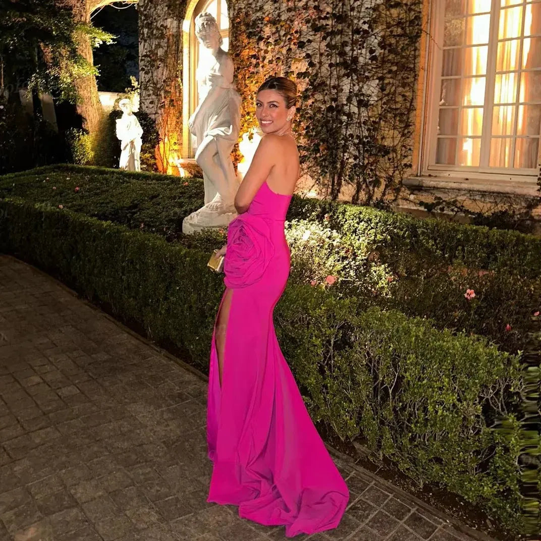 Statement Mermaid Strapless 3D Rose High-Slit Fuchsia Floor-Length Prom Dress