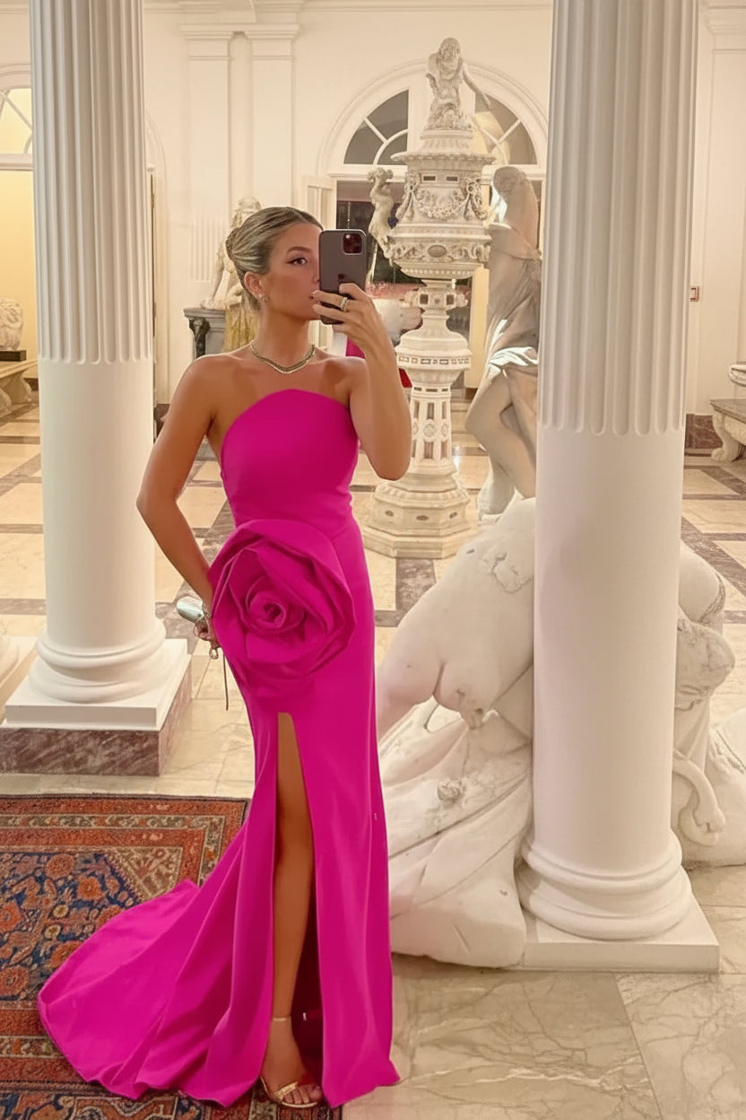 Statement Mermaid Strapless 3D Rose High-Slit Fuchsia Floor-Length Prom Dress