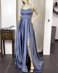 Steel Blue Satin Low collar Spaghetti Strap Slit Bridesmaid Dresses Long Ball Gown Evening Dress