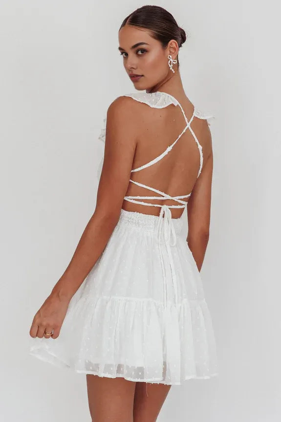 Straight Neck Cross-strap Back Ruffle Hail Spot White Mini Homecoming Dress
