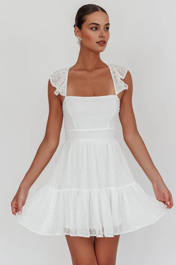 Straight Neck Cross-strap Back Ruffle Hail Spot White Mini Homecoming Dress