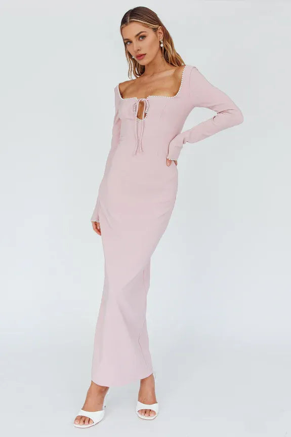 Straight Neck Long Sleeve Pearl Trim White Midi Evening Dress Prom Dress