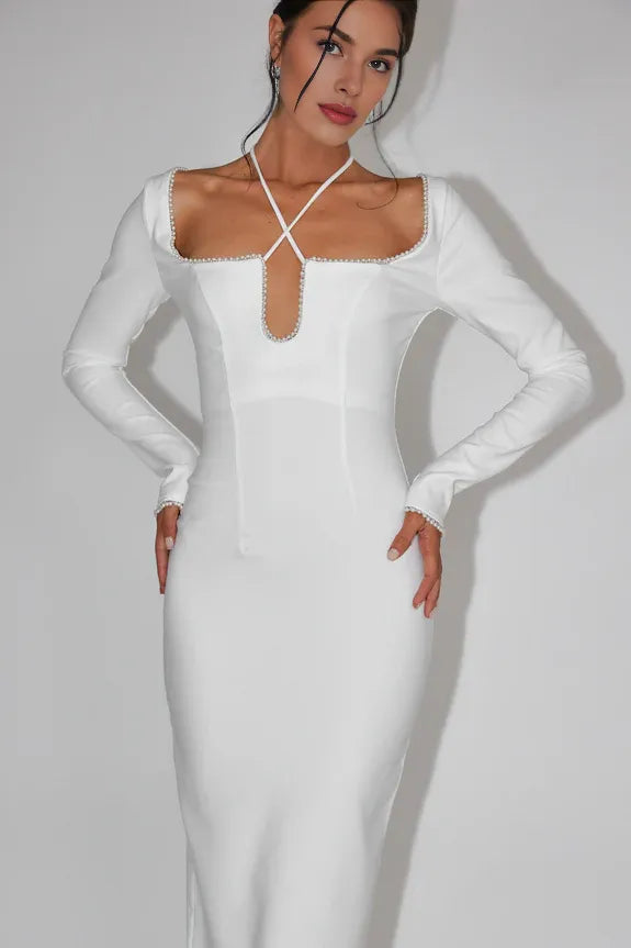 Straight Neck Long Sleeve Pearl Trim White Midi Evening Dress Prom Dress