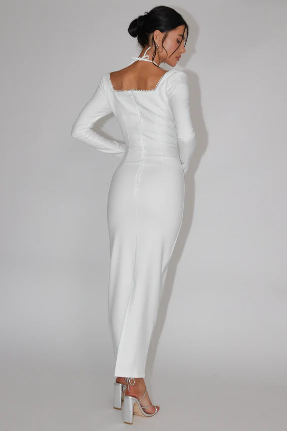 Straight Neck Long Sleeve Pearl Trim White Midi Evening Dress Prom Dress
