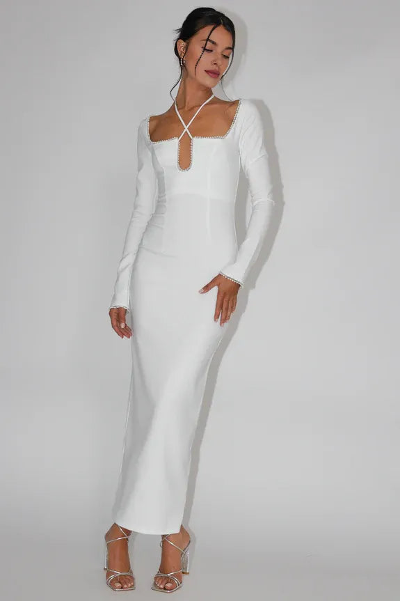Straight Neck Long Sleeve Pearl Trim White Midi Evening Dress Prom Dress