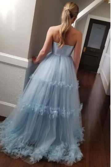 Strapless A-line Off Shoulder High Waist Ruffled Sleeveless Long Ball Gown