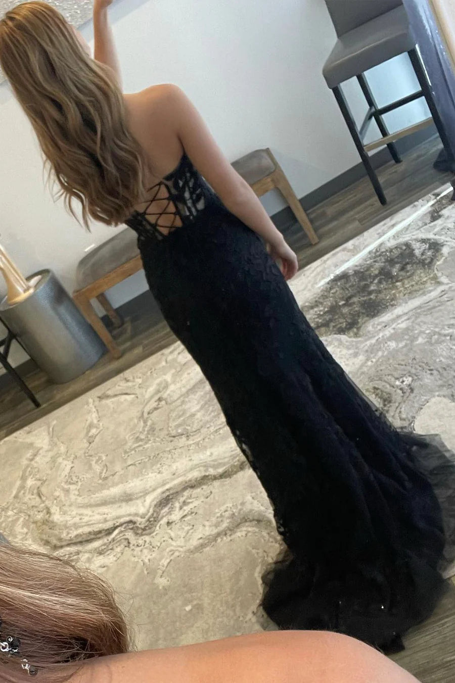 Strapless Bodycon Beaded Floral Lace Tulle Black Long Prom Dress With Slit