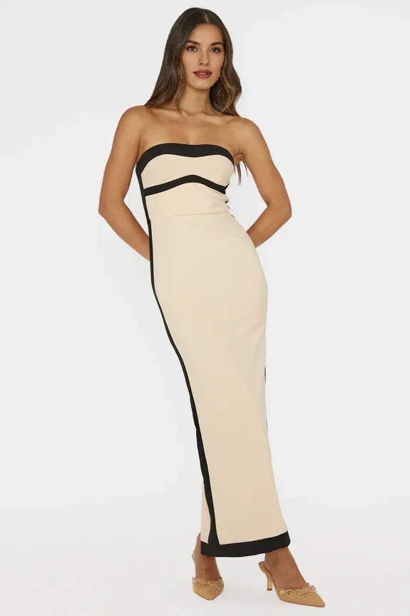 Strapless Bodycon Contrast Nude Maxi Evening Dress Birthday Party For Women
