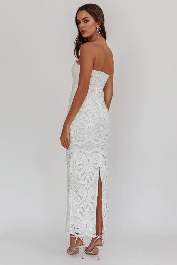 Strapless Bodycon Embroidered Lace White Maxi Evening Dress With Back Slit