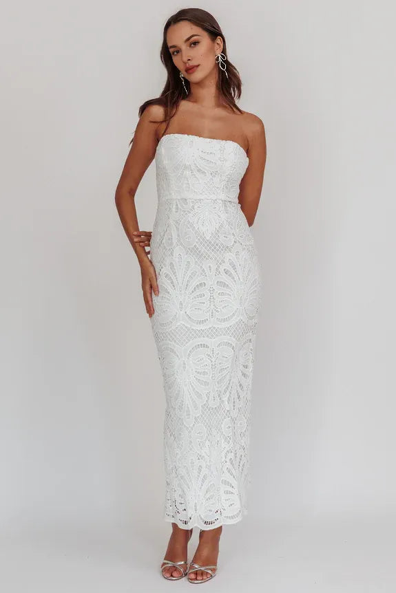 Strapless Bodycon Embroidered Lace White Maxi Evening Dress With Back Slit