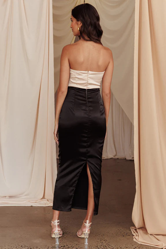 Strapless Bow Bust Corset Blush Midi Evening Dress With Back Slit For Sale