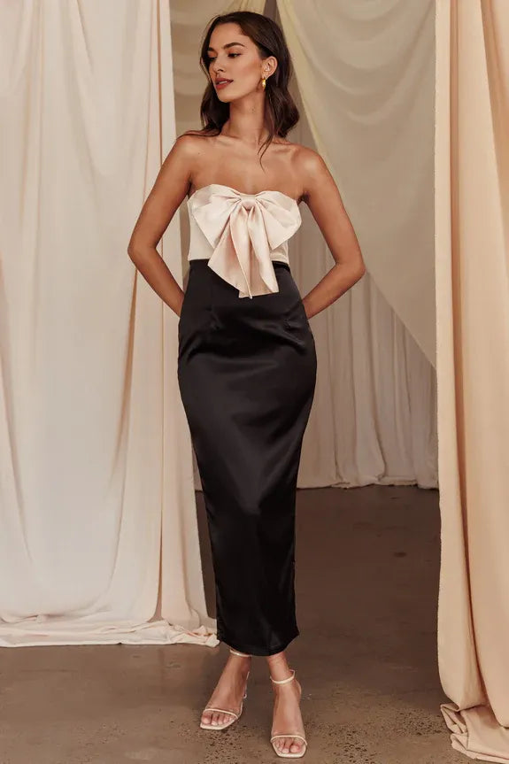 Strapless Bow Bust Corset Blush Midi Evening Dress With Back Slit For Sale