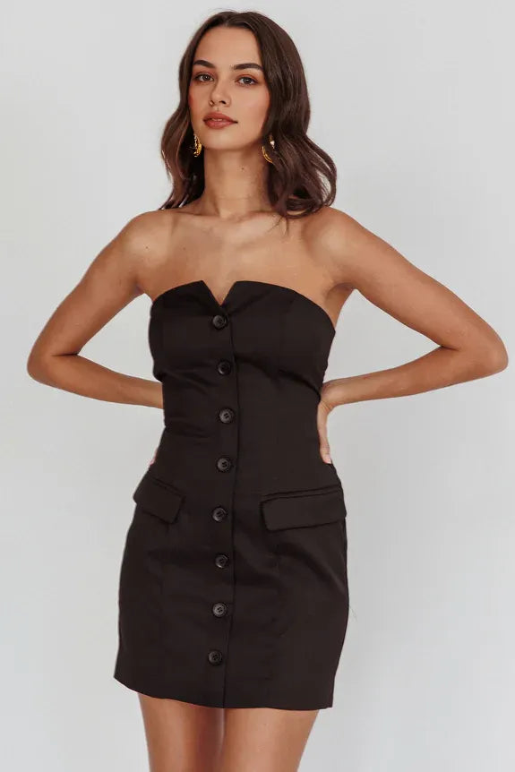 Strapless Buttoned Slim Fit Black Mini Homecoming Dress No Pockets