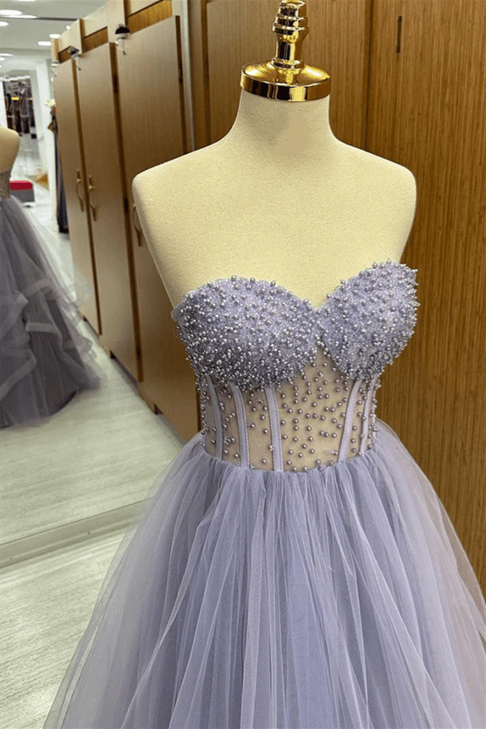 Strapless Corset Beaded Layered Ruffle Tulle Lilac Long Prom Dress