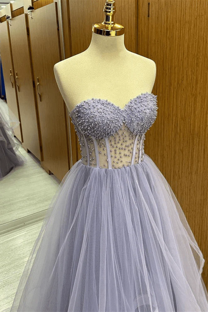 Strapless Corset Beaded Layered Ruffle Tulle Lilac Long Prom Dress