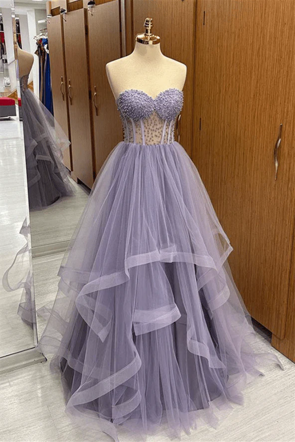 Strapless Corset Beaded Layered Ruffle Tulle Lilac Long Prom Dress