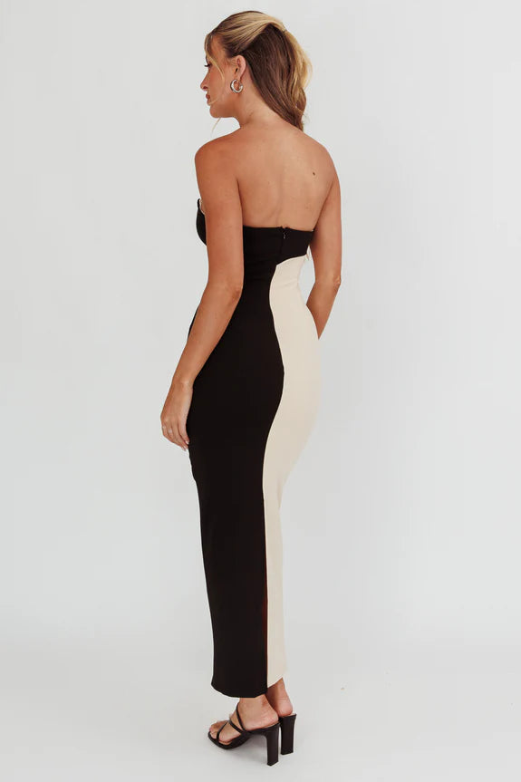 Strapless Corset Contrast Black And Beige Maxi Evening Dress With Back Slit