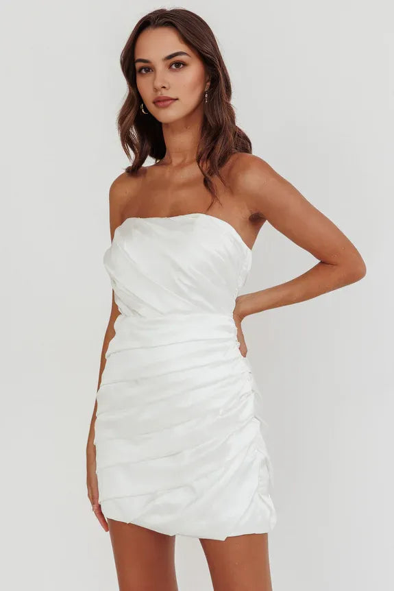 Strapless Corset Gathered Off White Mini Homecoming Dress For Ladies