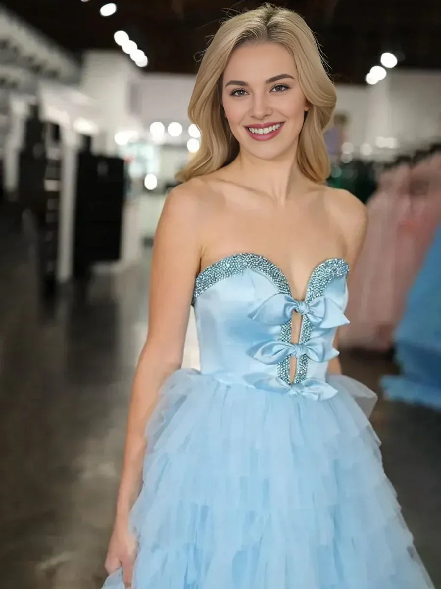 Strapless Cut Out Bow Tiered Ruffle Black Long Evening Dress Prom Dress